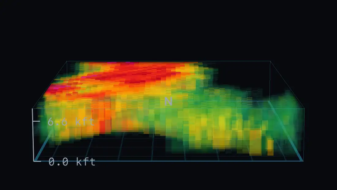 One storm cell in three dimensions, seen side-on across ten scans: a red core near the top of the column thins out and the whole column fades to green.