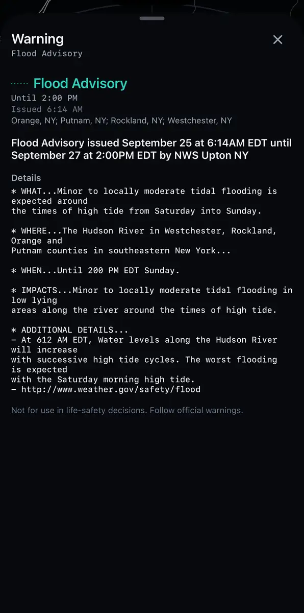 A National Weather Service flood advisory shown in full, with its expiry time and the official text below it.