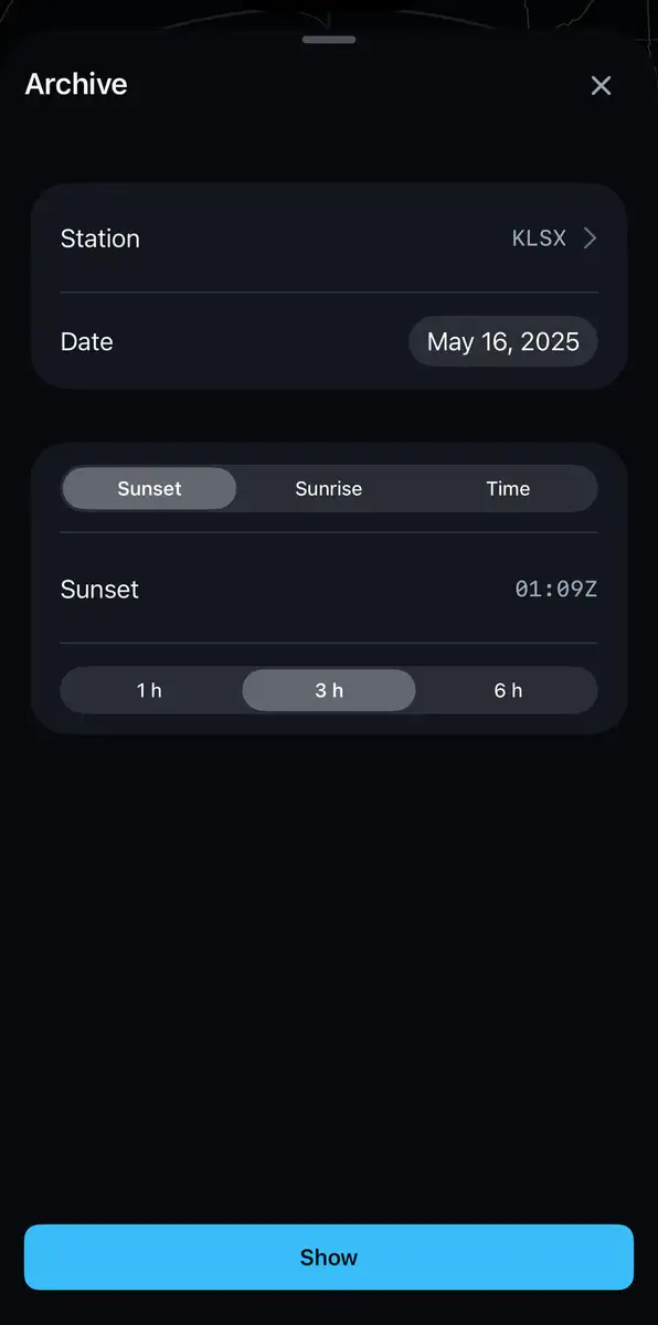 The archive screen with KLSX, May 16, 2025, a sunset start and a three-hour length selected.