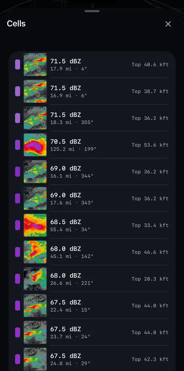 A list of storm cells over a radar view, each row showing a small plan thumbnail with peak intensity, distance and echo top.