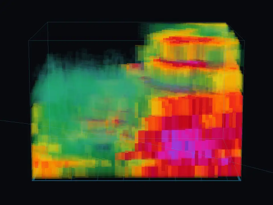 One storm cell in three dimensions, seen from low down: a tall column of reflectivity with a magenta core inside it.