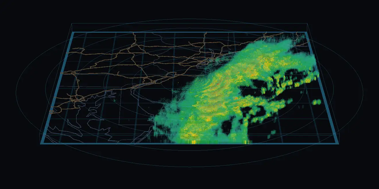 A wide three-dimensional radar box over New Jersey and the coast, with a long line of storms standing in it.