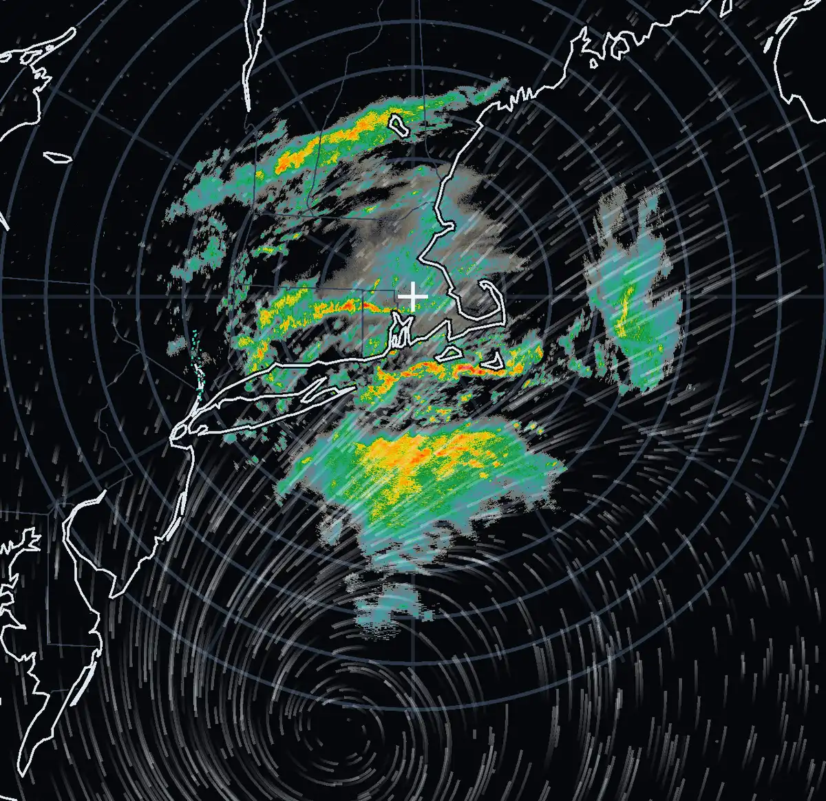 A radar map of southern New England with rain bands in greens and yellows, and white wind trails curving around a low-pressure center south of Cape Cod.
