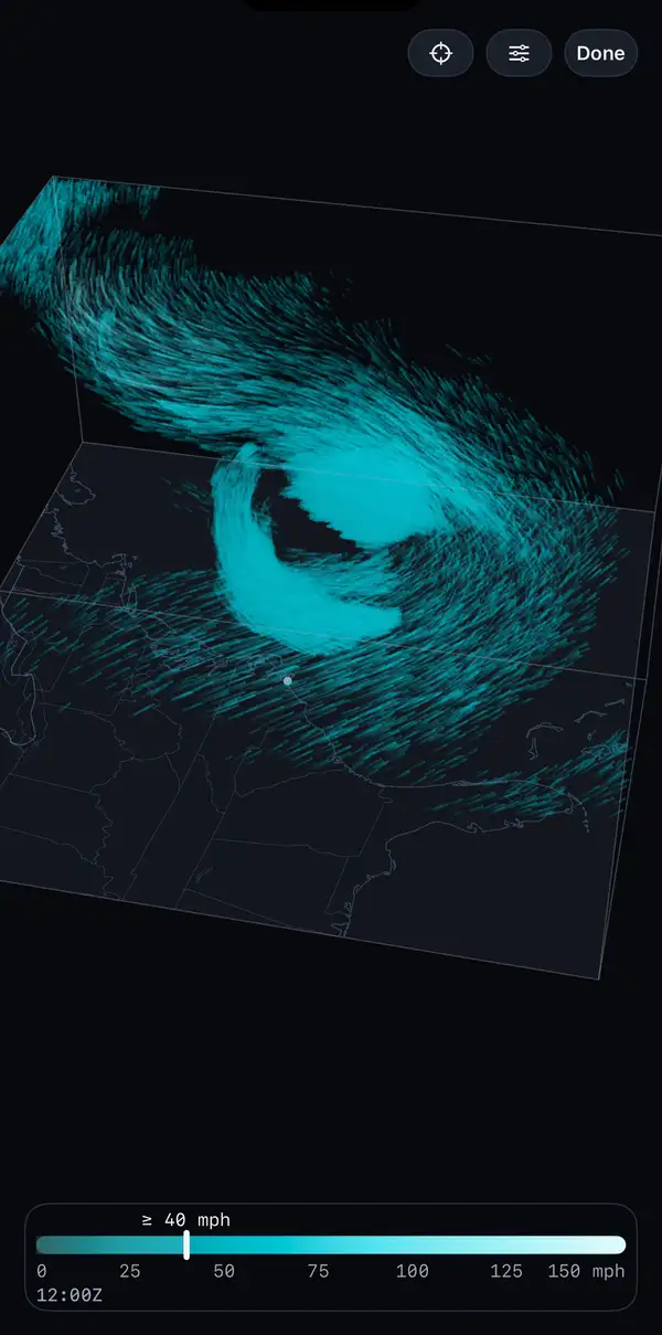 An iPhone showing BeamWeather's 3D wind: cyan particle trails at several heights circling a storm center over the East Coast, with a wind speed scale at the bottom.