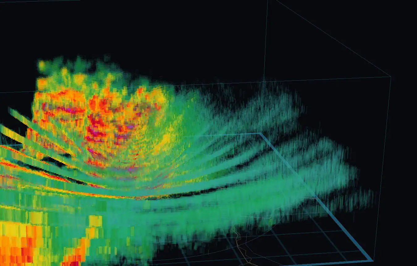 A three-dimensional radar volume standing over a map around St. Louis. A hooked storm core in reds and magentas wraps up near the centre, then the storms move off to the east.