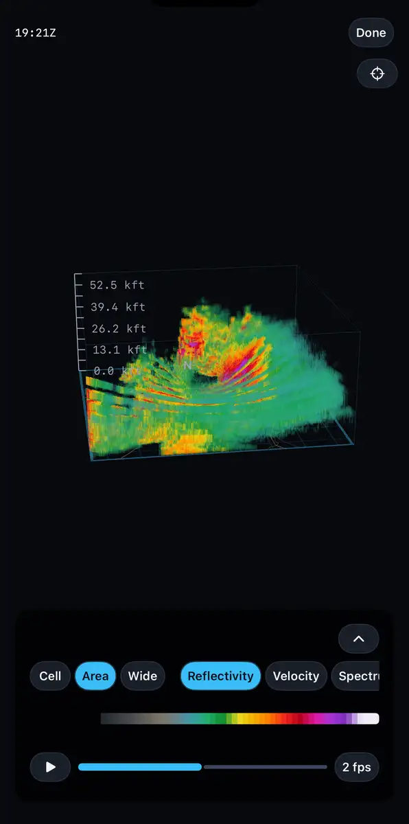 An iPhone showing BeamWeather's 3D view of a storm near St. Louis, with the scan time at the top and the colour scale and loop controls below.